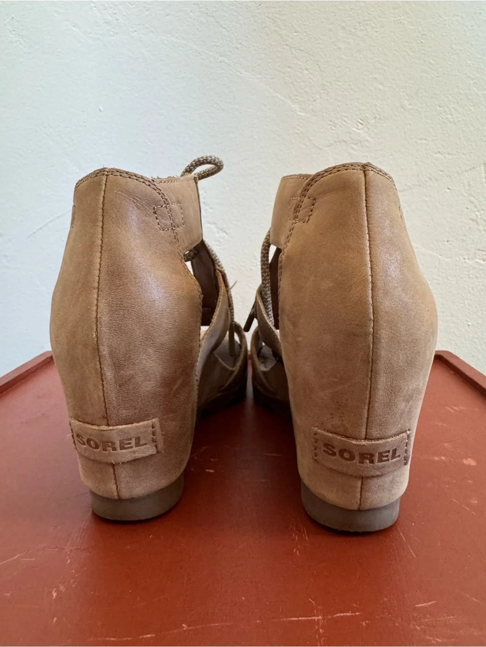Sorel Joanie Full Grain Leather Lace Up Wedge Open Toe Sandals Tan Brown